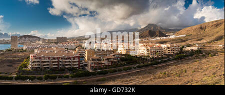 Panorama over the holiday resort of Los Cristianos, Tenerife, with the iconic mountain of Roque del Conde in the background Stock Photo