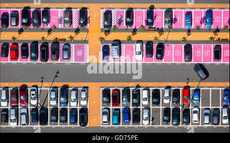 Aerial view, parking with parked cars, parking spaces for women, disabled parking, shopping center Ruhr Park Bochum, Bochum Stock Photo