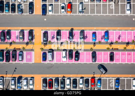 Aerial view, parking with parked cars, parking spaces for women, disabled parking, shopping center Ruhr Park Bochum, Bochum Stock Photo