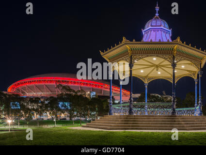 Night in Adelaide's Riverbank Precinct featuring the ornate Elder Park Rotunda flanked by the newly upgraded Adelaide Oval. Stock Photo