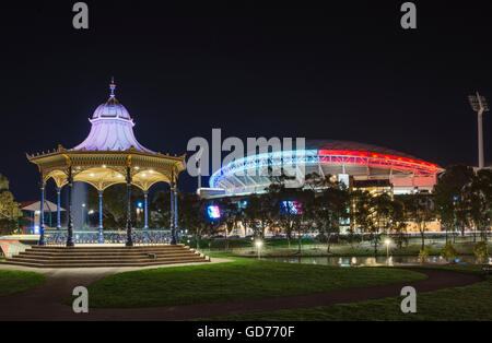 Night in Adelaide's Riverbank Precinct featuring the ornate Elder Park Rotunda flanked by the newly upgraded Adelaide Oval. Stock Photo