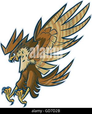 Vector cartoon clip art illustration of a hawk, falcon, or eagle mascot diving or swooping down with spread wings and talons Stock Vector