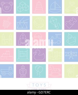 Set of 25 children's toys icons, thin line design in pastel colored squares Stock Vector