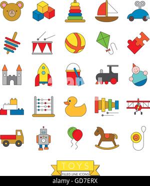 Set of 25 children's toys icons, thin line design with color fill Stock Vector