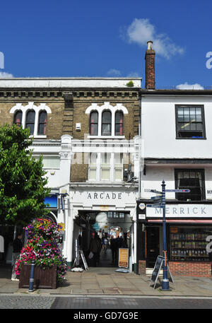 Entrance to The Arcade from High Street, Hitchin, Hertfordshire, England, UK Stock Photo