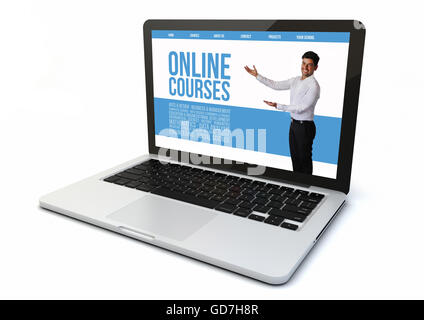 render of a 3d generated computer with online courses on the screen. Screen graphics are made up. Stock Photo