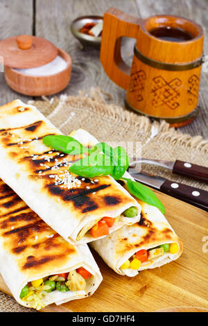 Shawarma Lavash with Rice and Vegetables Stock Photo