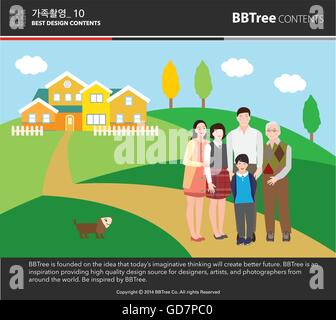 A Happy Family Portrait(Grandfather, Father, Mother, Daughter, Son and a Dog), in front of the house - vector Stock Vector