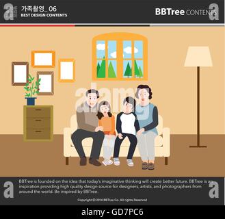 A Happy Family Portrait(Father, Mother, Daughter and Son), Sitting on the couch in the living room - vector Stock Vector