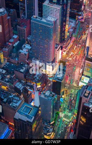 Aerial photograph (helicopter). Times Square is a major commercial intersection and neighborhood in Midtown Manhattan, New York Stock Photo