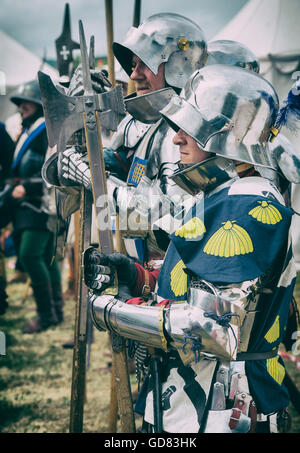 Medieval lancastrian knights battle ready at Tewkesbury medieval festival 2016, Gloucestershire, England. Vintage filter applied Stock Photo