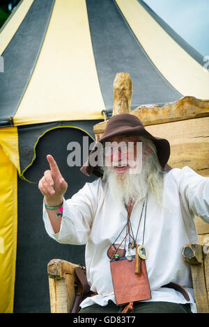 Medieval storyteller at the Tewkesbury medieval festival 2016, Gloucestershire, England. Vintage filter applied Stock Photo