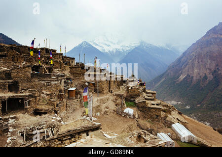 Tibetan village in Himalaya mountains in Nepal Stock Photo