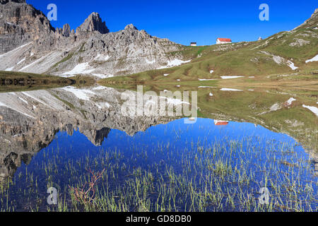 View from Laghi dei Piani of Refuge Locatelli and Mount Paterno  Sesto Dolomites Trentino Alto Adige Italy Europe Stock Photo