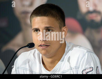 Berlin, Germany. 13th July, 2016. German super middleweight boxer Tyron Zeuge speaks during a press conference in Berlin, Germany, 13 July 2016. Zeuge will face Italian defending champion Giovanni De Carolis in a WBO world championship title bout to be held in Berlin on 16 July 2016. Photo: WOLFRAM KASTL/dpa/Alamy Live News Stock Photo