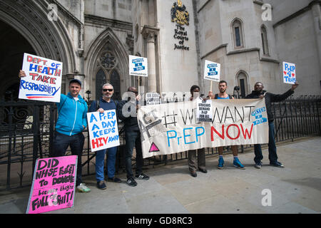 London, UK. 13th July, 2016. Protesters gather outside the Royal Courts of Justice whilst the National AIDS Trust launch a legal battle to push the NHS and the Department of Health into providing the“revolutionary” HIV medication ‘PrEP'. Pre exposure prophylaxis (PrEP) is a HIV prevention intervention – it can prevent transmission of HIV if taken by those who are HIV negative and at risk of contracting the virus. NHS England (NHSE) has repeatedly claimed that it is not responsible for the commissioning of PrEP, Credit:  Mike Kear/Alamy Live News Stock Photo