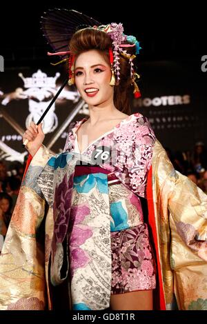 Las Vegas, NV, USA. 12th July, 2016. Aki Okayama of Tokyo, Japan wearing a traditional Japanese outfit in attendance for Hooters 20th Annual International Swimsuit Pageant Preview, Rain Nightclub at Palms Casino Resort, Las Vegas, NV July 12, 2016. © James Atoa/Everett Collection/Alamy Live News Stock Photo