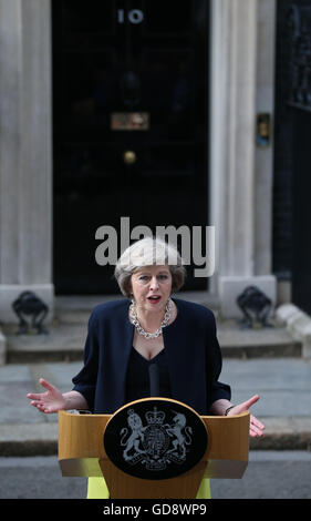 London, UK. 13th July, 2016. Britain's new Prime Minister Theresa May delivers a speech after arriving at 10 Downing Street in London, Britain on July 13, 2016. Britain's new Prime Minister Theresa May arrived at Downing Street on Wednesday after gaining consent from Queen Elizabeth II. Credit:  Han Yan/Xinhua/Alamy Live News Stock Photo