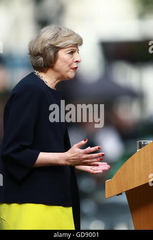 London, UK. 13th July, 2016. Prime Minister Theresa May makes her arrival speech at Number 10 Downing Street. Theresa May has officially become the new Prime Minister after meeting with HM Queen Elizabeth II at Buckingham Palace. Theresa May becomes the second woman Prime Minister in Great Britain, Margaret Thatcher was the first. David Cameron left Number 10 Downing Street with wife Samantha and their children, a short while earlier.  Credit:  Paul Marriott/Alamy Live News Stock Photo