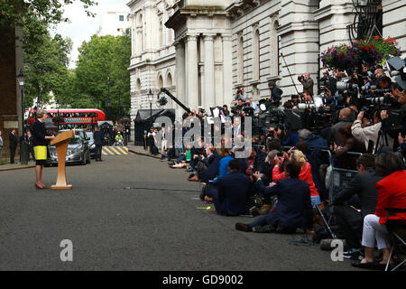 London, UK. 13th July, 2016. Prime Minister Theresa May makes her arrival speech at Number 10 Downing Street in front of photographers, cameramen and press. Theresa May has officially become the new Prime Minister after meeting with HM Queen Elizabeth II at Buckingham Palace. Theresa May becomes the second woman Prime Minister in Great Britain, Margaret Thatcher was the first. David Cameron left Number 10 Downing Street with wife Samantha and their children, a short while earlier.  Credit:  Paul Marriott/Alamy Live News Stock Photo