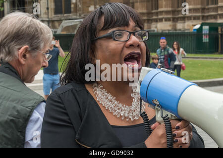 London, UK. 13th July 2016. Dianne Abbott speaks at a rally in support as Labour MP for Wirral West Margaret Greenwood presented a 'Ten Minute Rule Bill' with cross-party support to stop the privatisation of the NHS and return it to its founding principles. Labour Shadow Health Secretary Diane Abbott came out to speak in support at the protest. Peter Marshall/Alamy Live News Stock Photo