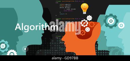 computer algorithm science problem solving process with programming language code concept light bulb and gear Stock Vector