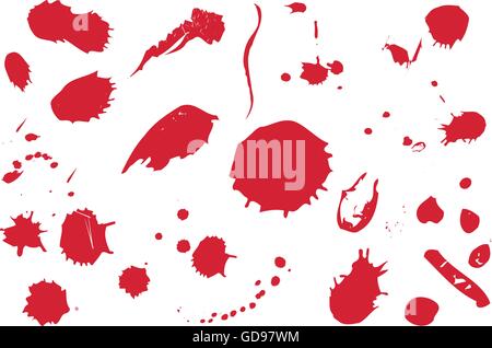 The set of red blood stains on white background. Stains are divided to separate groups for better work with them. Stock Vector