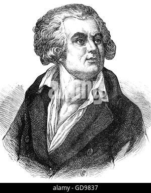 Georges Jacques Danton (1759 – 1794) was a leading figure in the early stages of the French Revolution described by some  as 'the chief force in the overthrow of the monarchy and the establishment of the First French Republic'. A moderating influence on the Jacobins, he was guillotined by the advocates of revolutionary terror after accusations of venality and leniency to the enemies of the Revolution. Stock Photo