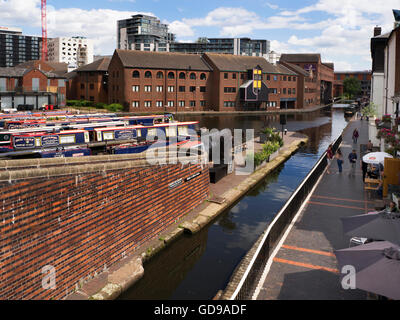 Narrowboats and Worcester and Birmingham Canal from Gas Street Basin Birmingham West Midlands England Stock Photo