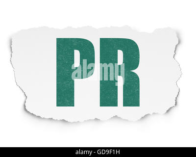 Marketing concept: Painted green text PR on Torn Paper background with  Tag Cloud Stock Photo
