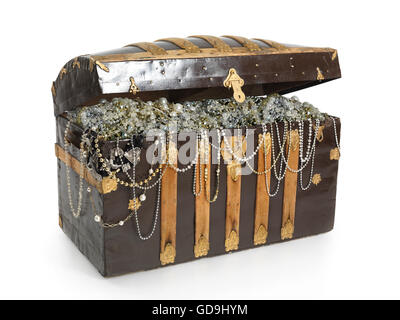 Treasure chest, full of jewellery, gold coins and a crown Stock Photo