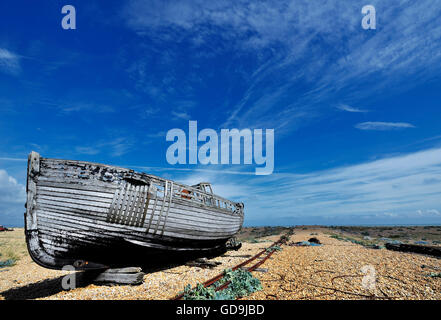 An old and disused fishing boat at Dungeness on the coast of Kent, England, United Kingdom, Europe Stock Photo