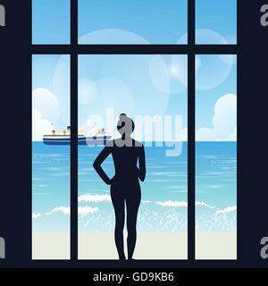 silhouette of woman standing looking to sea view with boat from her apartment big window Stock Vector