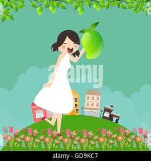 girl cartoon smile happy holding mango fruit with tree branch and leaf around in green field Stock Vector