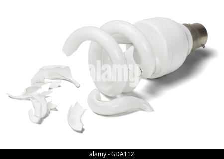 Broken Energy Saving Light Bulb on White Background Stock Photo