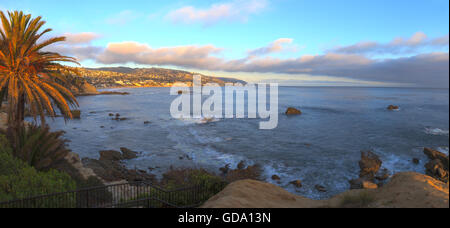 Panoramic sunset view of Main beach in Laguna Beach, Southern California, United States Stock Photo