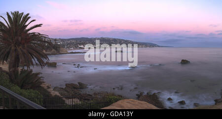 Panoramic sunset view of Main beach in Laguna Beach, Southern California, United States Stock Photo