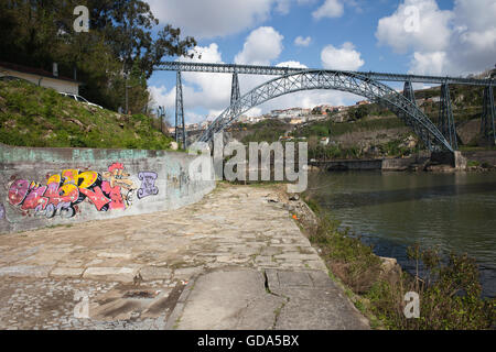 Maria Pia Bridge in Porto, Portugal, iron railway arch bridge over Douro river, opened in 1877, construction of Gustave Eiffel Stock Photo