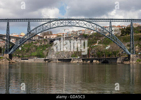 Maria Pia Bridge in Porto, Portugal, iron railway arch bridge over Douro river, opened in 1877, construction of Gustave Eiffel Stock Photo