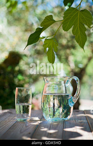 pitcher and glass of water on a wooden table. the back garden Stock Photo