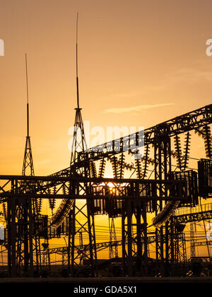 Electric lines, poles and glass isolators in a power station at sunset Stock Photo