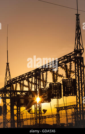 Electric lines, poles and glass isolators in a power station at sunset Stock Photo