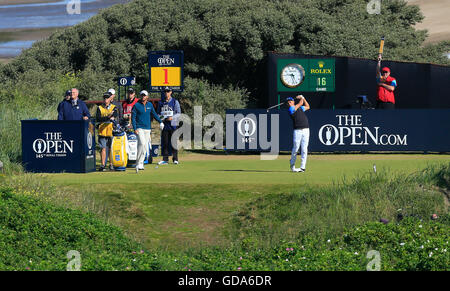 USA's Rickie Fowler tees off the 1st during day one of The Open Championship 2016 at Royal Troon Golf Club, South Ayrshire. Stock Photo