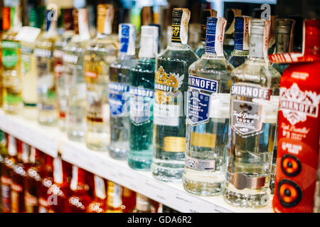 Nerja, Spain - June 20, 2015: Vodka bottles at the wine store Stock Photo