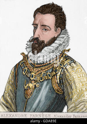 Alexander Farnese (1545-1592). Duke of Parma, Piacenza and Castro and Governor of the Spanish Nedtherlands (1578-1592). Portrait. Engraving. Colored. Stock Photo