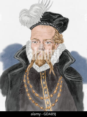 Tycho Brahe (1546-1601). Danish nobleman known for his astronomical and planetary observations. Portrait. Engraving. Colored. Stock Photo