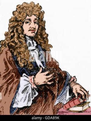 Christiaan Huygens (1629-1695). Dutch mathematician and scientist. He is known particularly as an astronomer, physicist, probabilist and horologist. Portrait. Engraving. Colored. Stock Photo