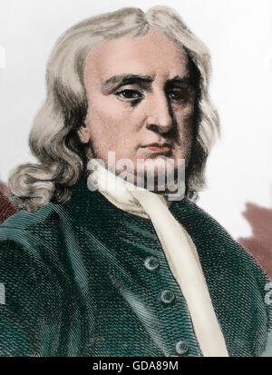 Isaac Newton (1642-1726). English physicist and mathematician. Engraving. Portrait. Colored. Stock Photo