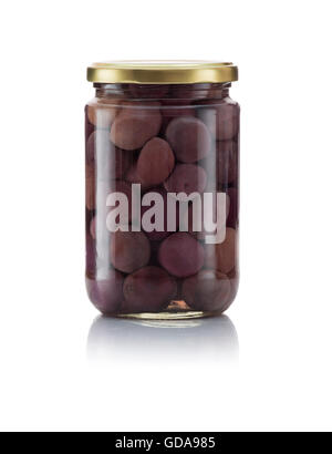 Glass Jar of Pickled Black Olives Isolated on White Background Stock Photo