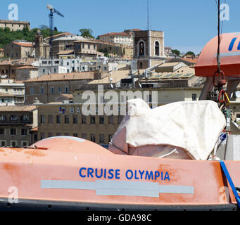 View of lifeboat at Ancona Port from onboard Minoan Lines Ferry Cruise Olympia Stock Photo